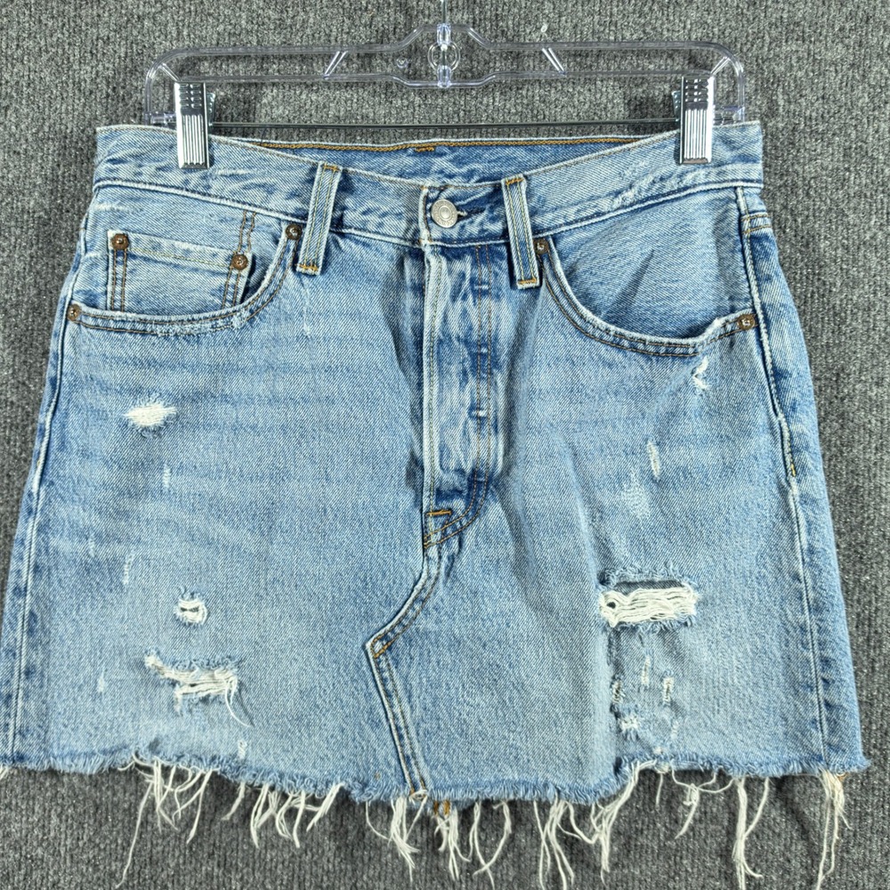Levis Mini Skirt Womens 28 Denim Raw Hem Button Fly Distressed Grunge Whiskering